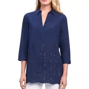 Foxcroft  blue Navy Embroidered Eyelet Tunic 3/4 Sleeve Sz 14 $98 top shirt xl